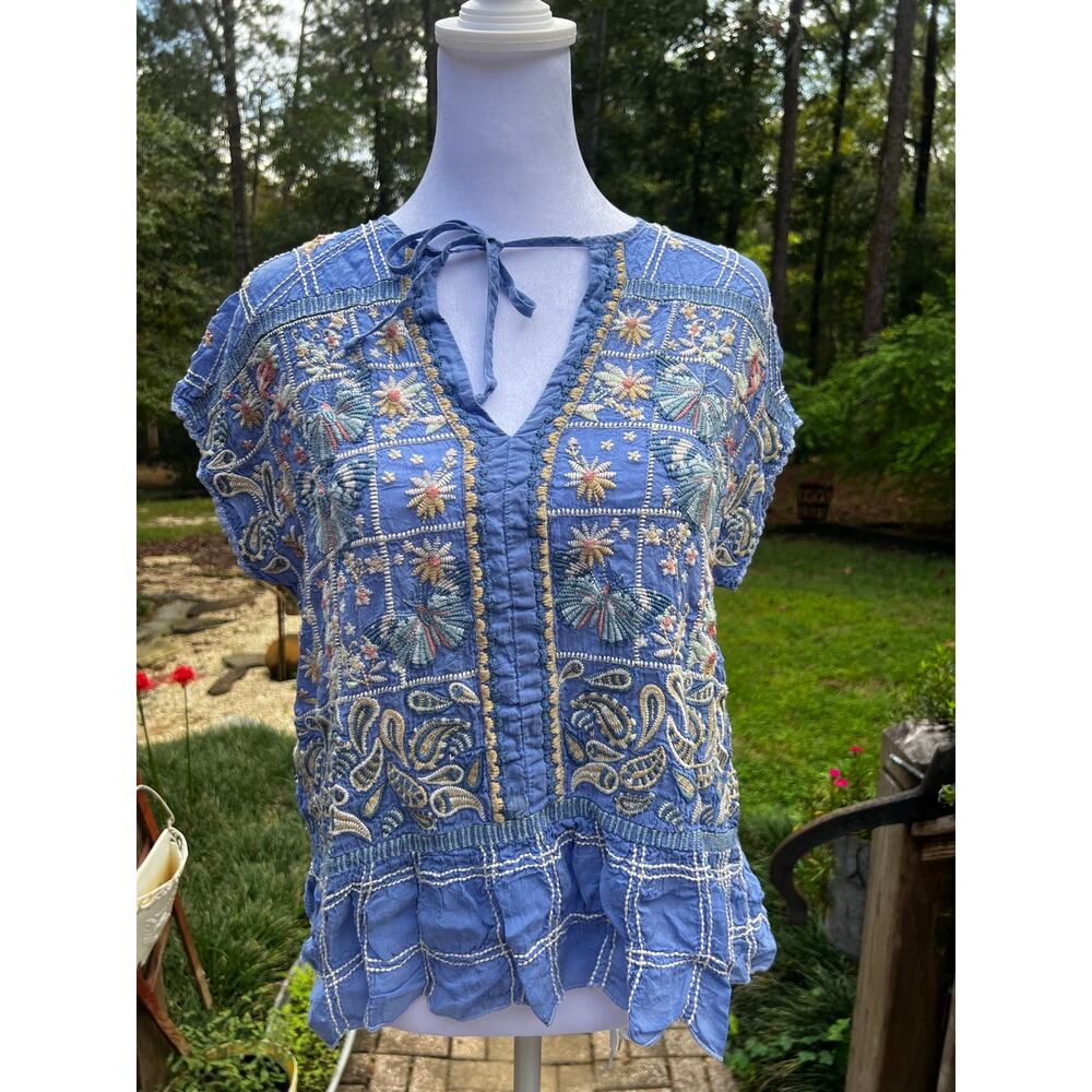 Johnny Was M Blue Embroidered Cupra Rayon Ruffle Hem Boho Blouse Tie Neck - Picture 2 of 8